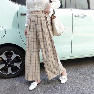Wide-leg Plaid Pants With Sash