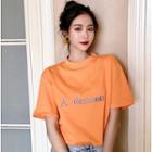 Short-sleeve Embroidered Letter T-shirt Tangerine - One Size