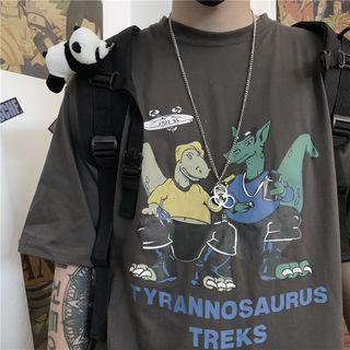 Couple Matching Elbow-sleeve Cartoon Dinosaur Printed T-shirt