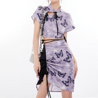 Short-sleeve Butterfly Print Qipao Top / Mini Pencil Skirt
