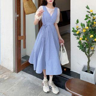 Puff-sleeve Blouse / Gingham Midi A-line Overall Dress