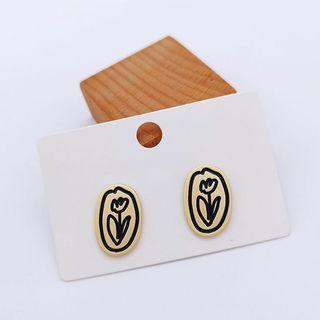 Flower Oval Earring 34365 - 1 Pair - White & Black - One Size