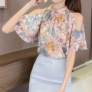 Elbow-sleeve Cold Shoulder Floral Print Chiffon Blouse