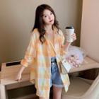 Long-sleeve Plaid Long Shirt Yellow - One Size