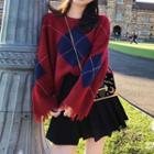 Distressed Argyle Knit Sweater / Pleated Mini A-line Skirt / Set