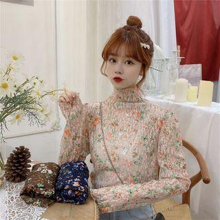 Mock-neck Floral Long-sleeve Mesh Top