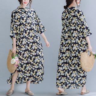 Elbow-sleeve Floral Print Midi A-line Dress Black - One Size