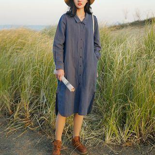 Long-sleeve Linen Blend Midi A-line Shirtdress