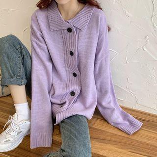 Long-sleeve Buttoned Knit Top Purple - One Size