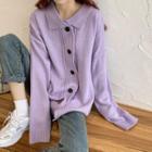 Long-sleeve Buttoned Knit Top Purple - One Size