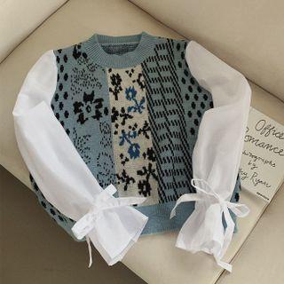 Inset Tie-cuff Blouse Patterned Knit Vest Light Blue - One Size