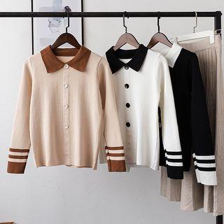 Long-sleeve Color-panel Button-detail Knit Top