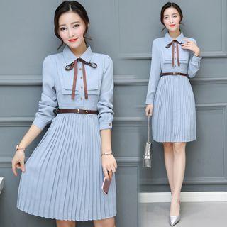 Long-sleeve Bow-tied Pleated Chiffon Dress