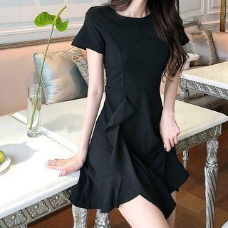 Short-sleeve Plain Ruffle Hem Mini A-line Dress Black - One Size
