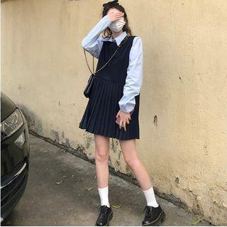 Pleated Mini A-line Overall Dress / Shirt