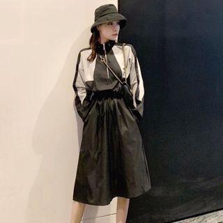 Long-sleeve Color Panel Zip Dress Black - One Size