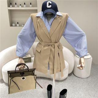 Set: Striped Shirt + Plain Tie-waist Vest