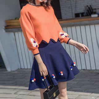 Set: Embroidered Sweater + A-line Mini Skirt