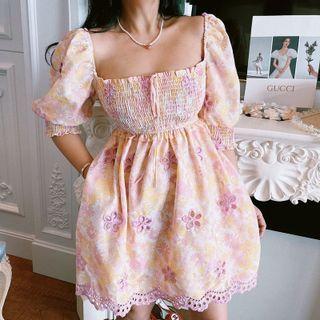 Elbow-sleeve Floral Print Shirred Mini A-line Dress