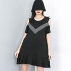 Short-sleeve Cold Shoulder Mini Dress Black - One Size