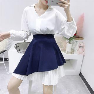 Set: Long Sleeve Pleated Dress + Asymmetric Hem Skirt