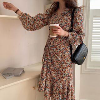 V-neck Floral Print Mermaid Dress Floral Print - One Size