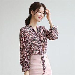 Tall Size Tie-neck Floral Print Chiffon Blouse