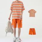 Set: Striped Elbow-sleeve T-shirt + Lettering Cargo Shorts