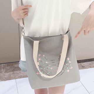 Leaf Print Canvas Tote Bag Premium - Floral - Gray - One Size