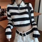 Striped Long-sleeve Crop Polo Shirt