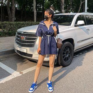 Piped Zip-up Drawstring Minidress