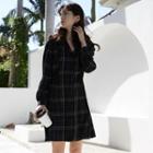 Plaid Long-sleeve Tie-waist Mini A-line Shirtdress