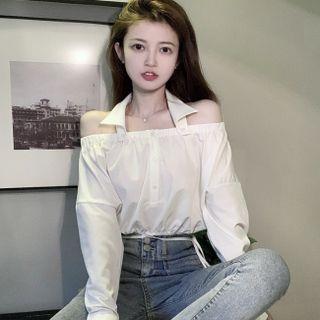 Off-shoulder Cropped Long-sleeve Shirt