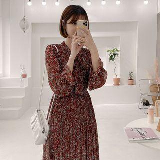 Crystal-pleat Floral Chiffon Dress Wine Red - One Size