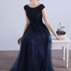 Embroidered Cap-sleeve A-line Evening Gown