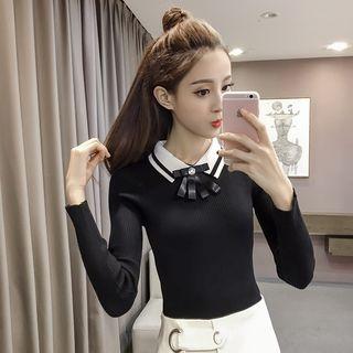 Rhinestone Collared Knit Top