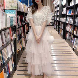 Elbow-sleeve Layered Maxi A-line Mesh Dress