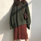 Set: Crew Neck Plain Sweater + Accordion Pleated Midi H-line Skirt