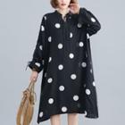 Elbow-sleeve Drawstring Dotted A-line Dress Black - One Size