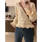 Bell-sleeve Ruffle Knit Top Almond - One Size