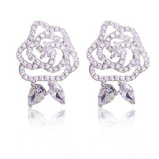925 Sterling Silver Rhinestone Rose Earring Silver - One Size