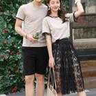 Couple Matching Short-sleeve T-shirt / Set: Short-sleeve Long T-shirt + Mesh Midi Skirt