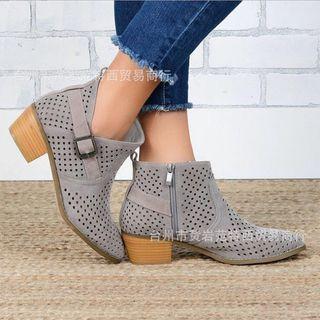 Block Heel Perforated Short Boots