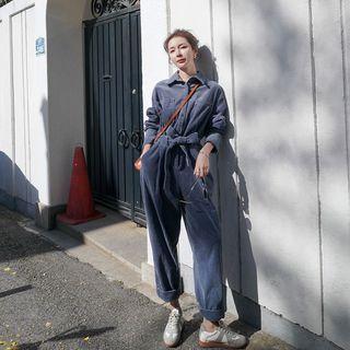 Collared Long-sleeve Cropped Corduroy Jumpsuit