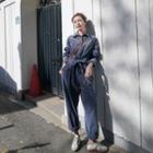 Collared Long-sleeve Cropped Corduroy Jumpsuit