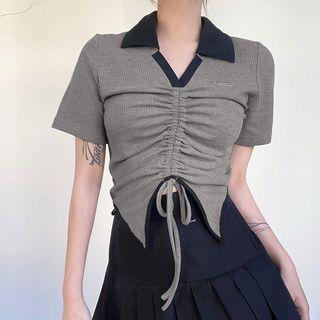 Short Sleeve Collar Color-block Drawstring Crop Top