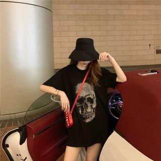 Elbow-sleeve Rhinestone T-shirt Black - One Size