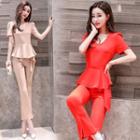 Set: V-neck Short-sleeve Peplum Top + Split Boot-cut Pants
