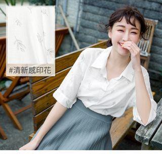 Elbow Sleeve Leaf Print Shirt