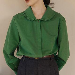 Long-sleeve Collared Frill Trim Plain Blouse